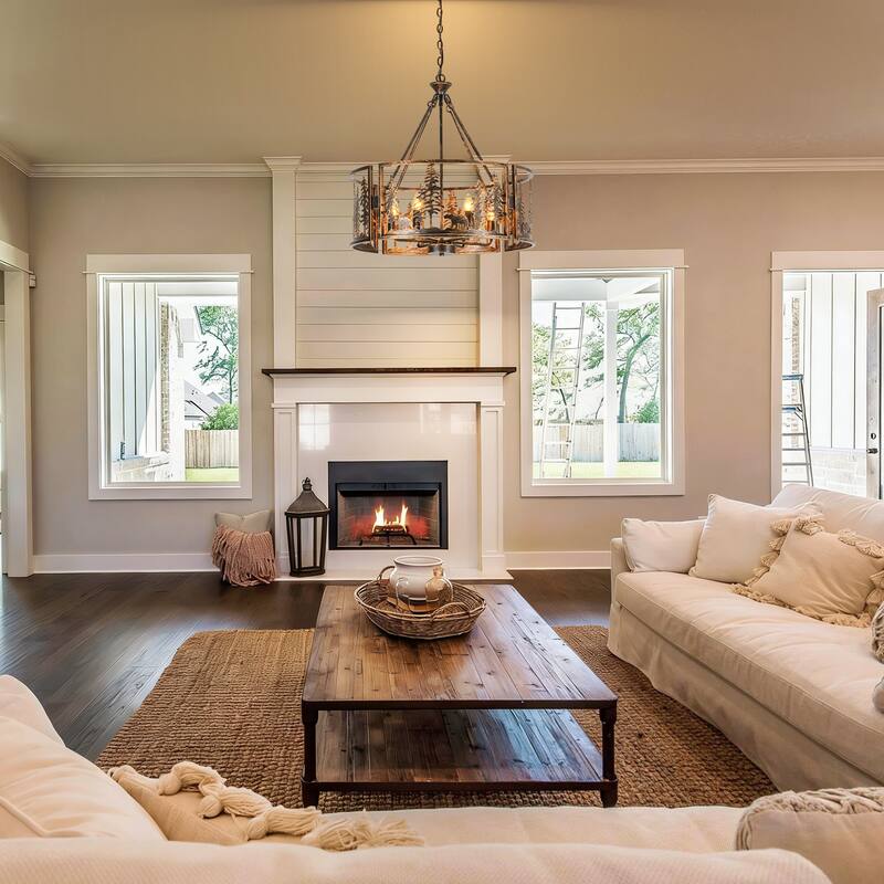 6-Light Black & Gold Iron Chandelier with Adjustable Chain for Rustic Lodge Spaces - 26 in. W x 26.4 in. H