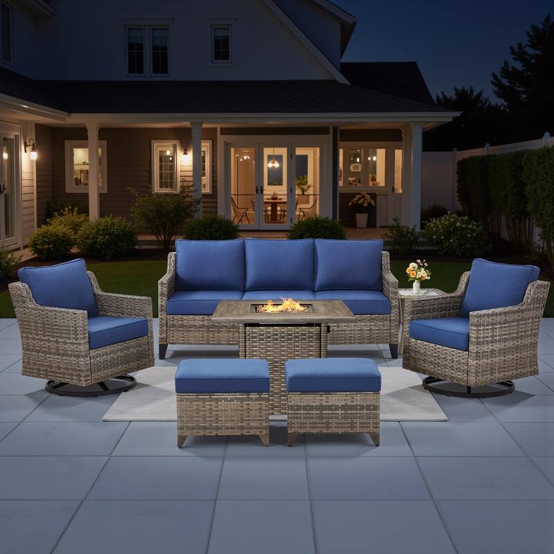 Pocassy Outdoor Swivel Chair with Sofa with Fire Pit Table - Blue Cushion Gray Wicker - 7-Piece Sofa Siwvel Chair Ottoman w/ Fire Table