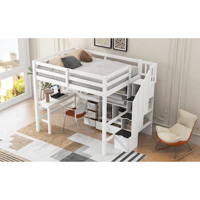 Full Size Loft Bed With L-Shaped Desk And Drawers, Cabinet And Storage Staircase