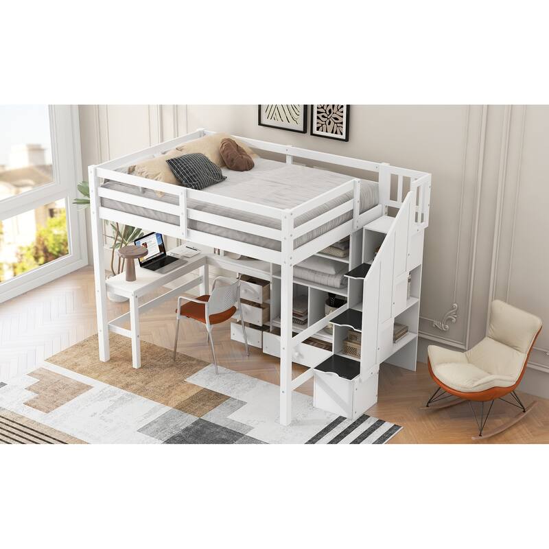 Full Size Loft Bed with L-Shaped Desk, Drawers, Cabinet, and Storage Staircase, White