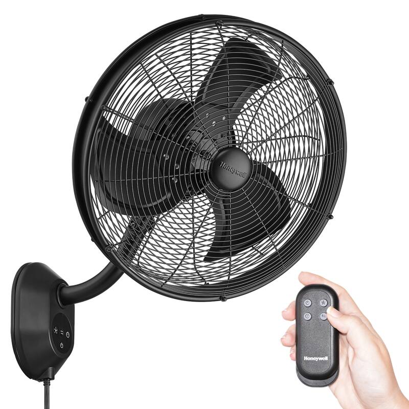18" Honeywell Matte Black Outdoor Wet-Rated Oscillating Wall Fan with Remote, 3-Speed AC Motor - 18 Inches