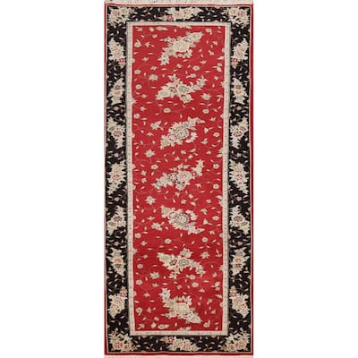 Red Floral Tabriz Chinese Runner Rug Handmade Wool and Silk Carpet - 2'5" x 8'1"