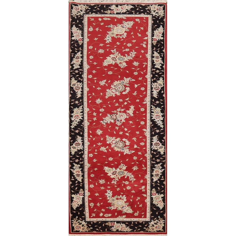 Red Floral Tabriz Chinese Runner Rug Handmade Wool and Silk Carpet - 2'5" x 8'1"