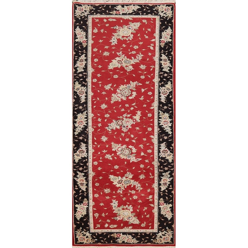 Red Floral Tabriz Chinese Runner Rug Handmade Wool and Silk Carpet - 2'5" x 8'1"