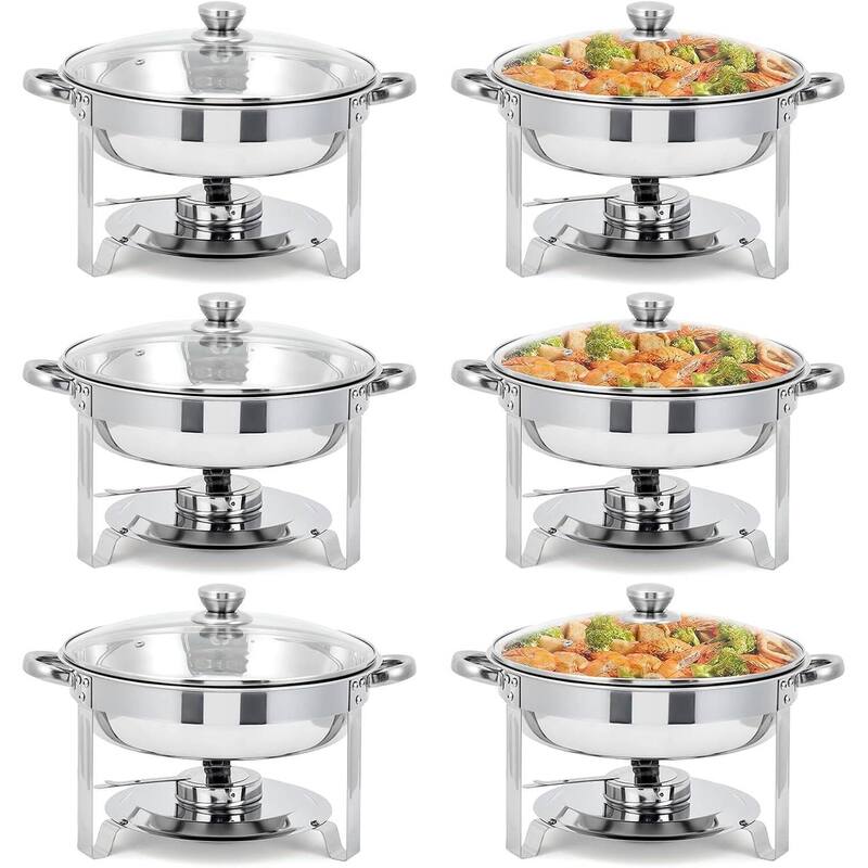5 Qt Round Stainless Steel Chafer Set with Glass Lids - 6 Pcs