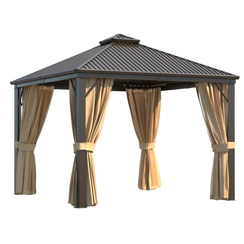 Erommy Hardtop Gazebo with Galvanized Steel Double Roof & Aluminum Frame, Outdoor Gazebo with Curtains and Nettings