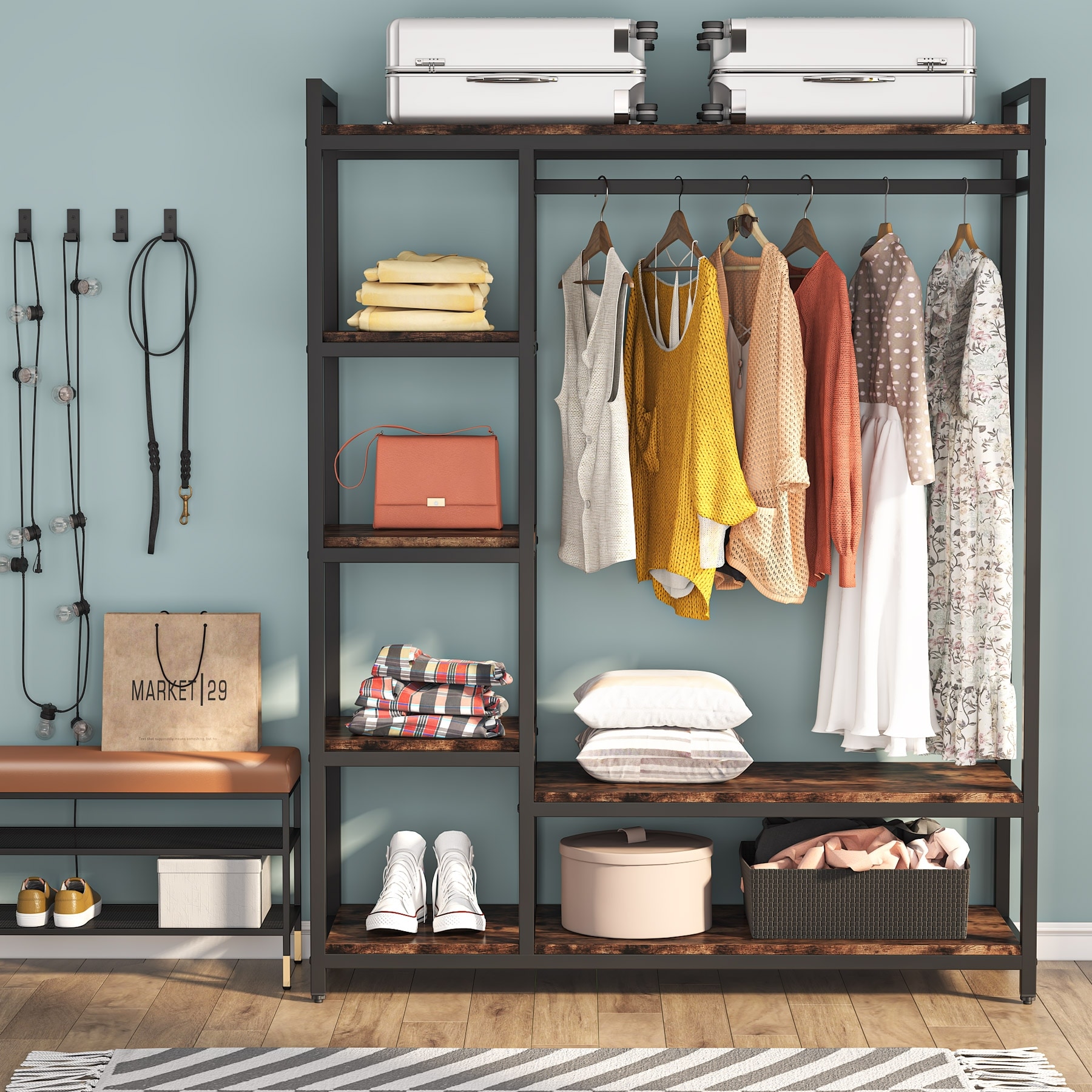 79 inche tall Freestanding Clothes Closet, Garment Rack with Shelves and Hanging rod clothing closet