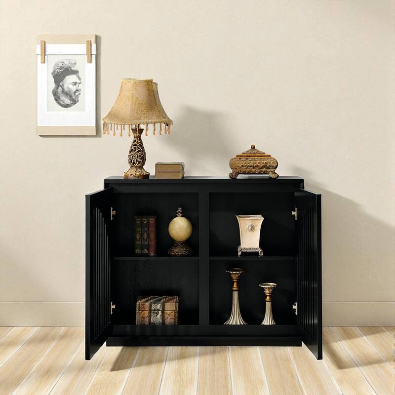 39" Mid Century Fluted Sideboard Cabinet with 2 Outlet Holes, Buffet Storage Cabinet for Entryway Kitchen Hallway