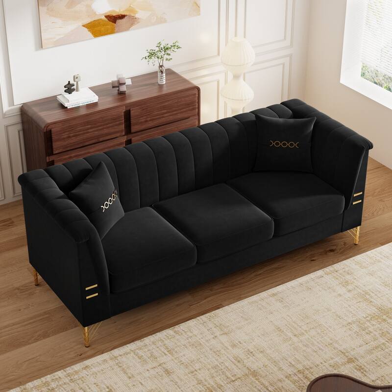 82.67" Modern Velvet 3-Seater Sofa, Vertical Channel Tufted Backrest, Gold Metal Legs, Chesterfield Style