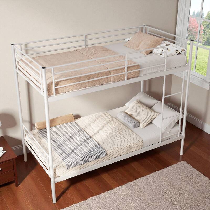 Twin Over Twin Metal Bunk Bed with Ladder, High Guardrails, Convertible to Two Beds, Noise-Free Frame & Storage Space