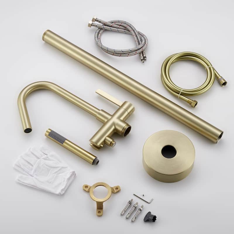 45"H Solid Brass Single Handle Floor Mounted Freestanding Tub Filler with Handheld Shower