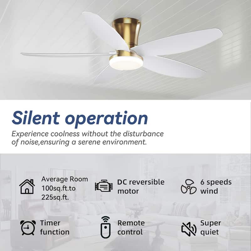 36/42/48 inches Flush Mount Ceiling Fan with Light and Remote ,Gold Base with White Blades for Bedroom Living Room