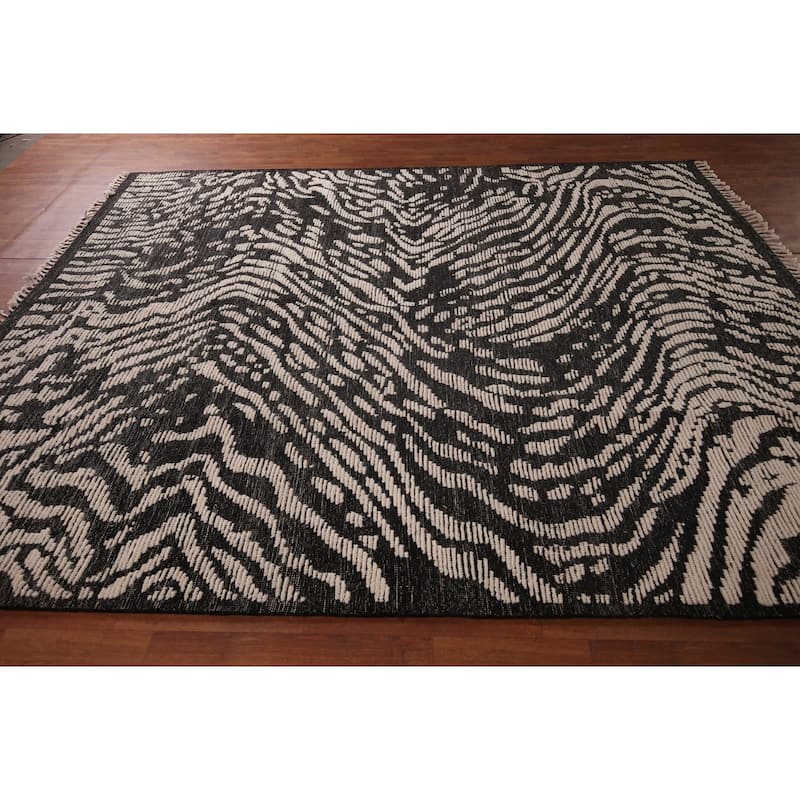 All-Over Black & White Moroccan Abstract Area Rug Handmade Wool Carpet - 8'2"x 10'3"
