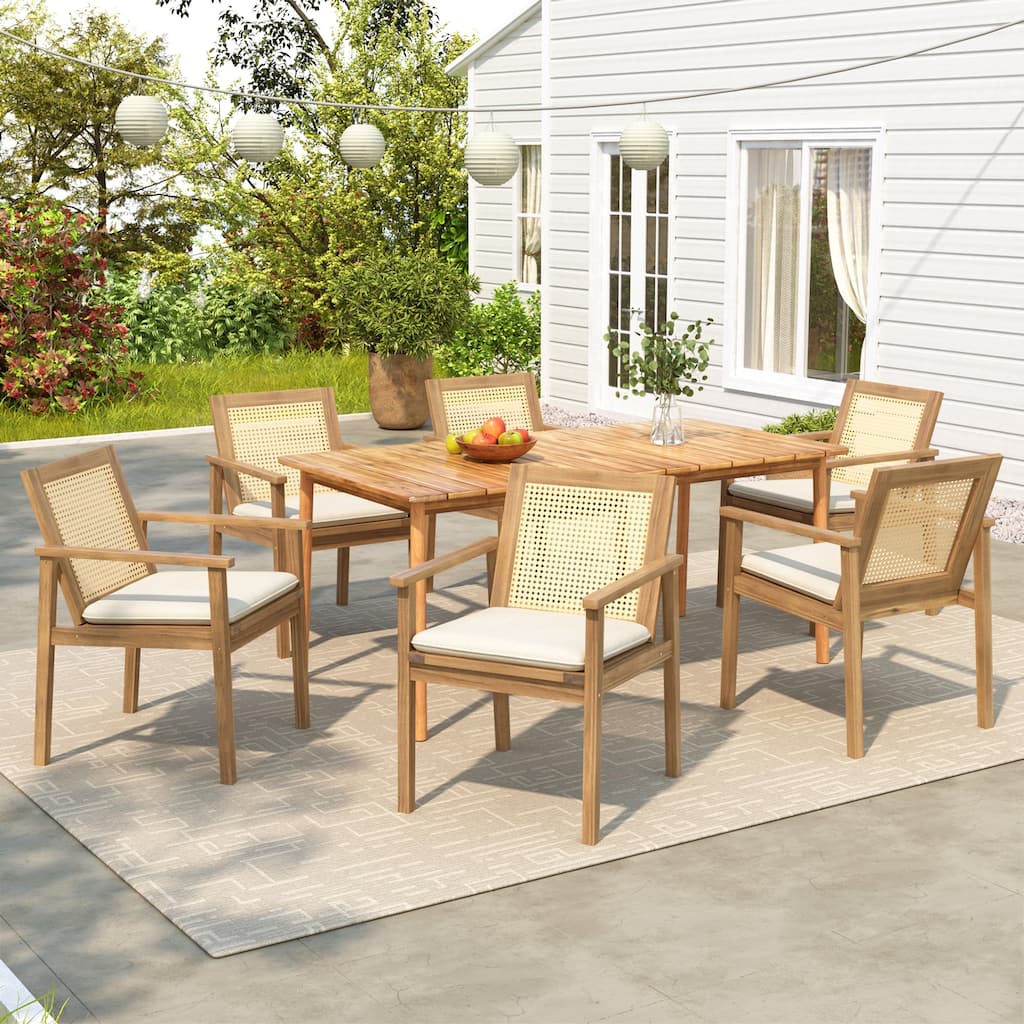 Roomfitters Outdoor Dining Set 7 Piece Acacia Wood Table Open Lattice Wicker Chairs, Teak Beige