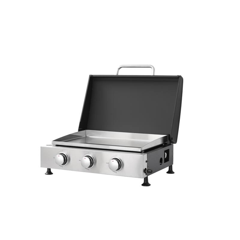 Anmytek Stainless Steel 3 Burner Portable Gas Grill and Griddle Combo with Non Stick Plate and Cast Iron Grates Foldable Design
