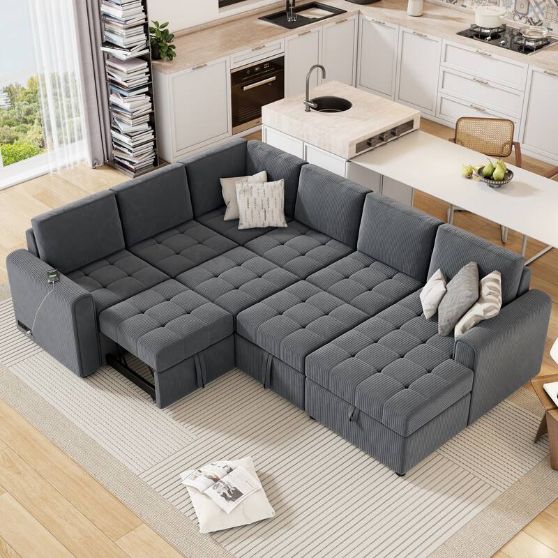 Sleeper Sofa Bed Gray Pull-out Sectionals with Storage Chaise Couch