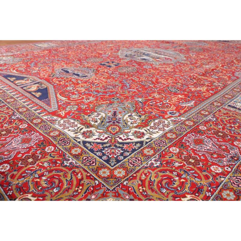 Red Pictorial Animals Kashan Turkish Area Rug Machine Made Carpet - 9'7" x 13'2"