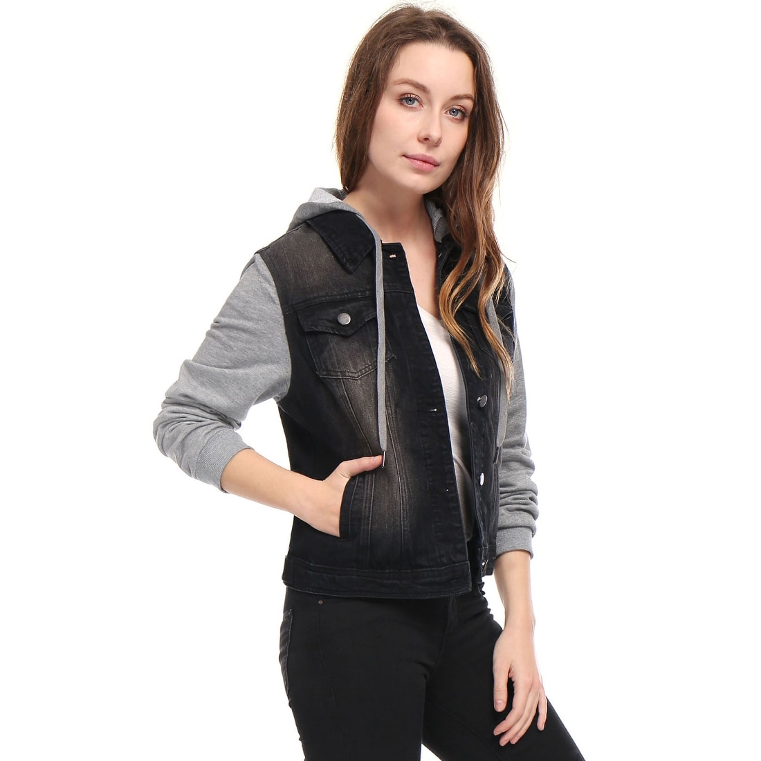 Allegra K Womens Layered Drawstring Hood Denim Jacket w Pockets
