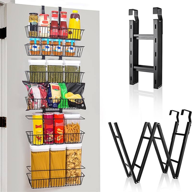 Over the Door Pantry Organizer 6-Tier - Foldable - 5.9"D x 16.1"W x 69.2"H - Black - 5.9"D x 16.1"W x 69.2"H