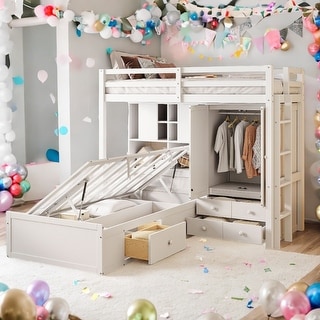 Twin Size Bunk Bed with Drawers, Wardrobe, Storage Shelves and Hydraulic Bed