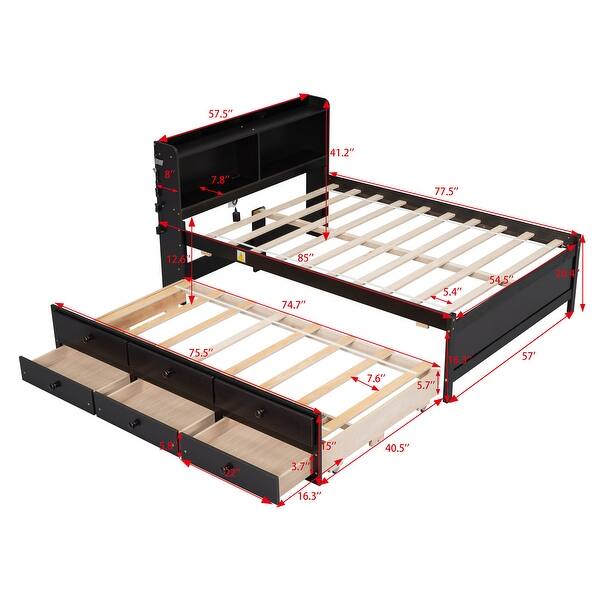 Full Captain Bed with Type-C USB Ports & LED Headboard & Trundle, Espresso