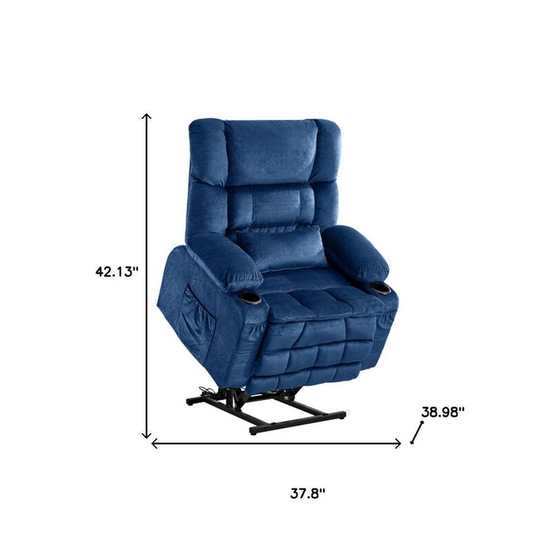 HomeRoots 38" Blue Tufted Velvet Heated Massage Lift Assist Recliner With USB