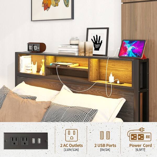 dimension image slide 1 of 2, Full Size Platform Bed Frame with Storage Headboard, Metal Bed with Charging Station, Bookcase Storage, Noise-Free, Black