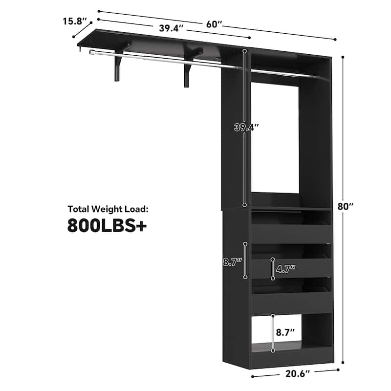 20"-60" Closet System with 3 Wooden Drawers and Sturdy Shelves and Retractable Rods