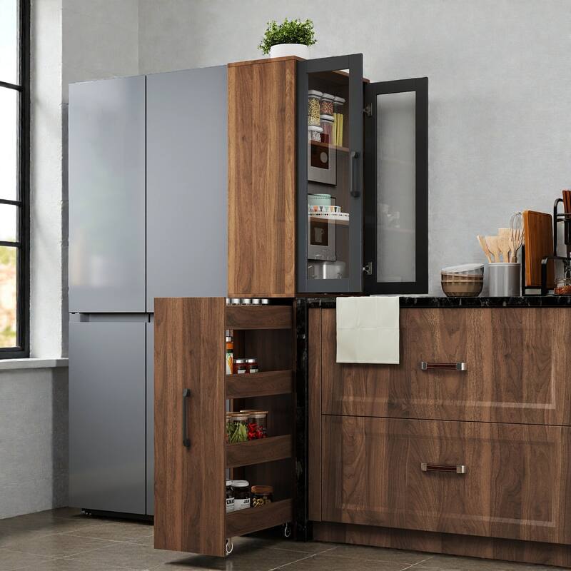 70.87" Tall Display Storage Cabinet with 4-Tier Pull-Out Shelf & Glass Doors, Modern Wooden Kitchen Pantry for Home