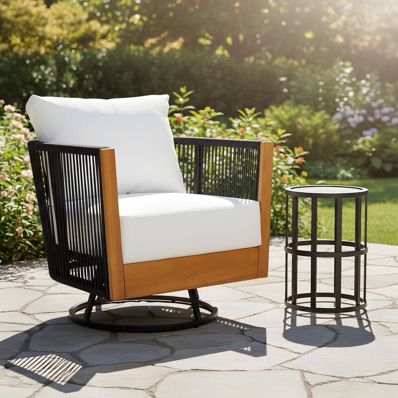 Christopher Knight Home - Mid-Century Modern Outdoor Acacia Wood Swivel Chair with Ceramic Tile Side Table - Single Chair - 10.8" Table