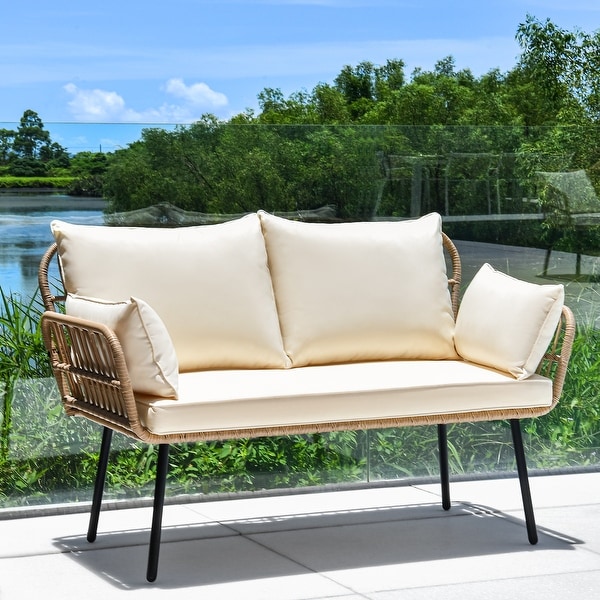 Moasis Outdoor Patio All Weather Wicker Loveseat Bistro Set Sectional Sofa with Cushions and Lumbar Pillows Bed Bath Beyond 37174574