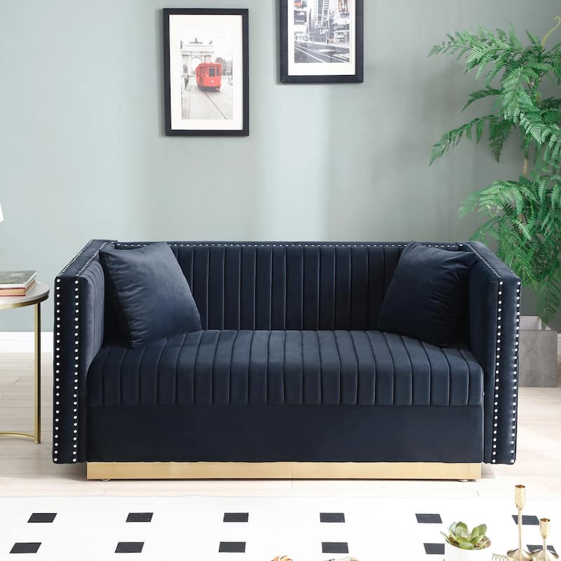 Contemporary Vertical Channel Tufted Velvet Sofa Loveseat Modern Upholstered 2 Seater Couch for Living Room with 2 pillows - Black
