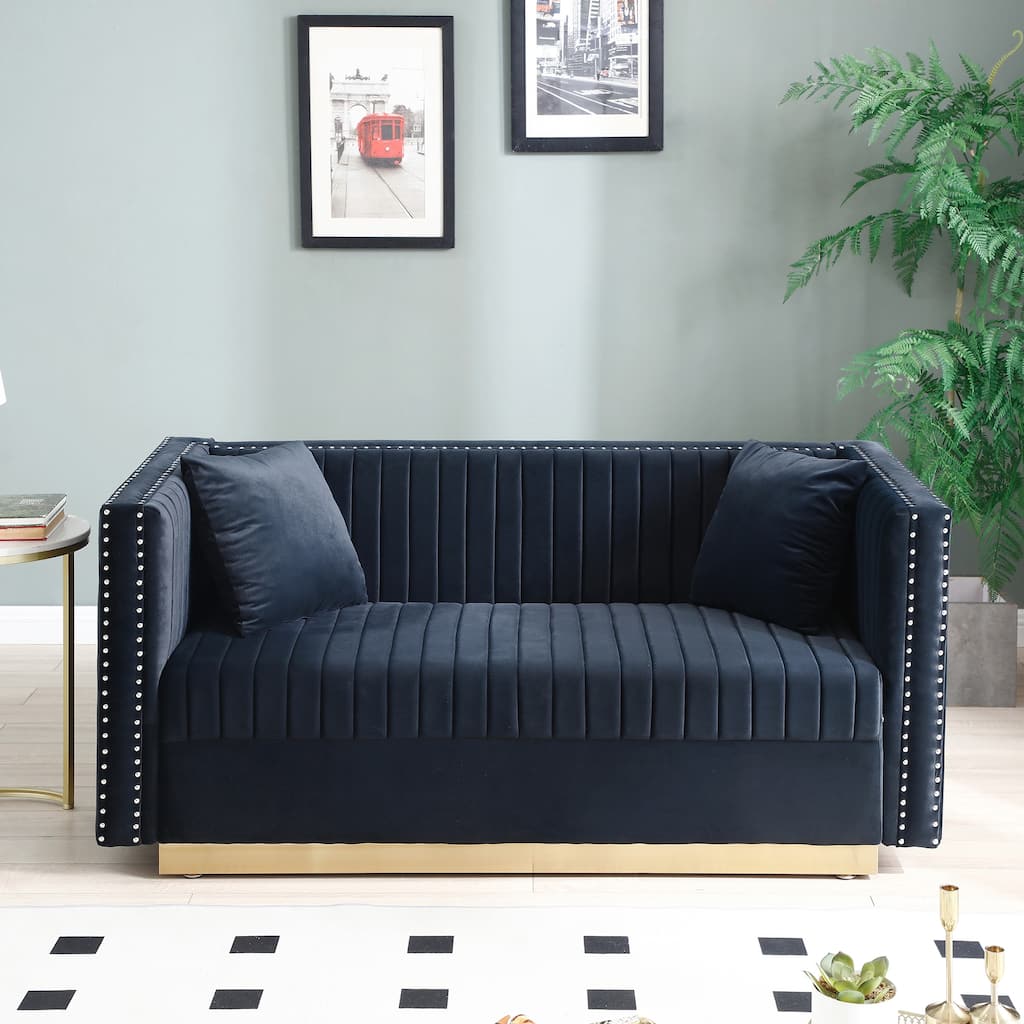 Contemporary Vertical Channel Tufted Velvet Sofa Loveseat Modern Upholstered 2 Seater Couch for Living Room with 2 pillows