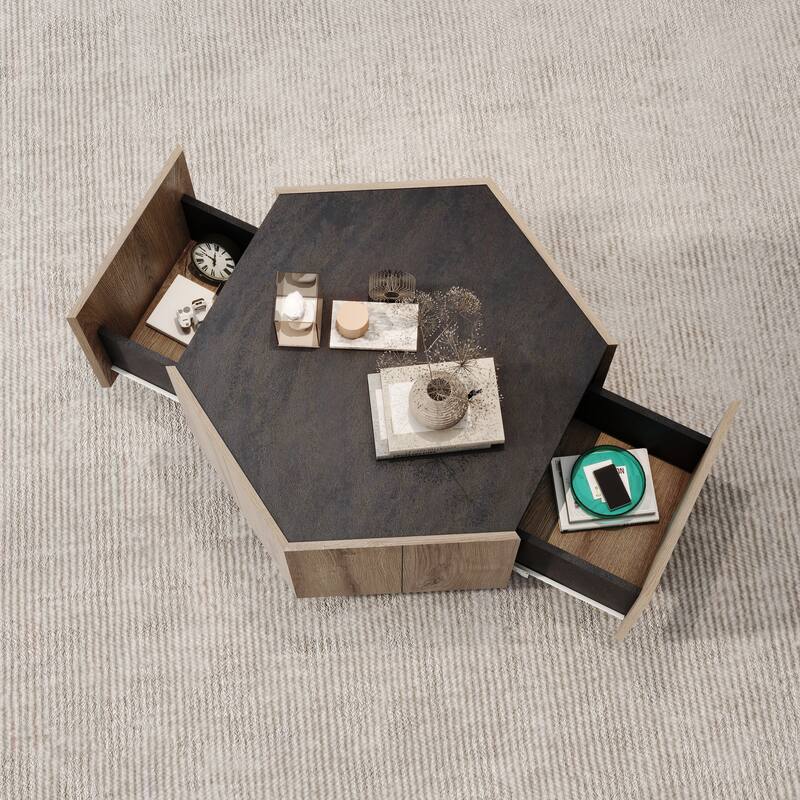 Hexagonal Rural Style Garden Retro Living Room Coffee Table with 2 drawers - Wood - Light Oak