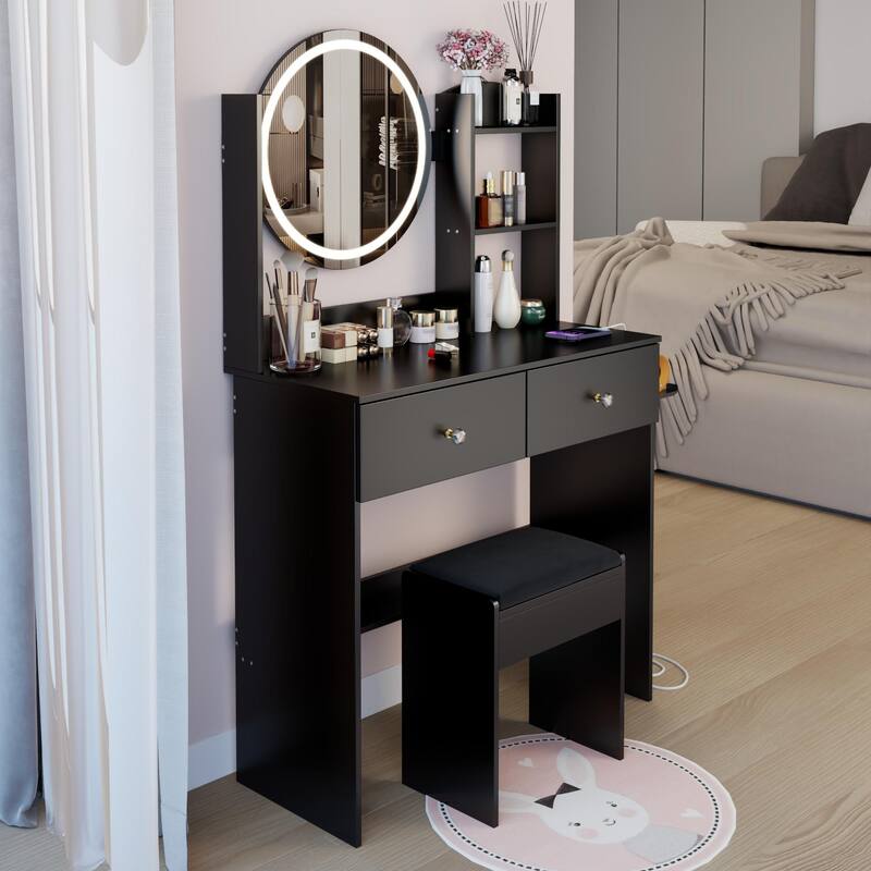 17" Round LED Mirror Vanity Table+Cushioned Stool, Equipped With 2 AC+2 USB Power Socket, Big Mirror, Touch Switch, 3 Colors