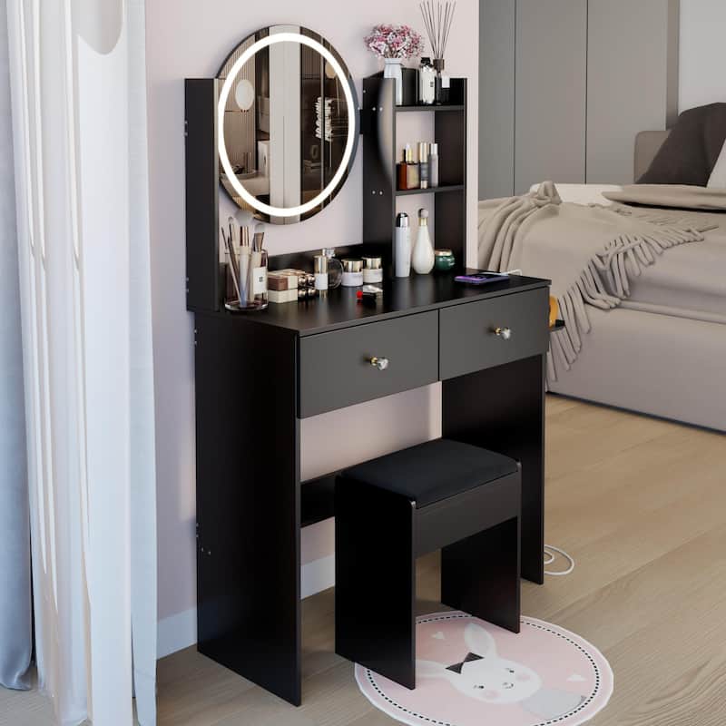 Vanity Desk with Adjustable LED Lighted Mirror, Makeup Vanity Table Set, Dresser Table with Power Outlet, Shelves & Drawers