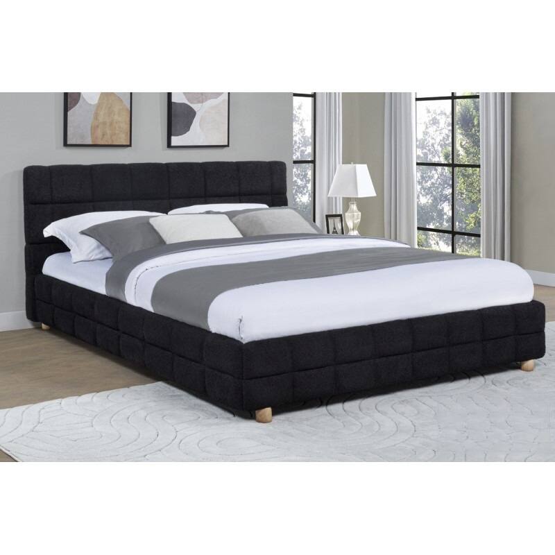 Queen Size Platform Bed with Fleece Upholstery and Grid-Patterned Headboard, Low Profile Modern Bed Frame in Black - Black