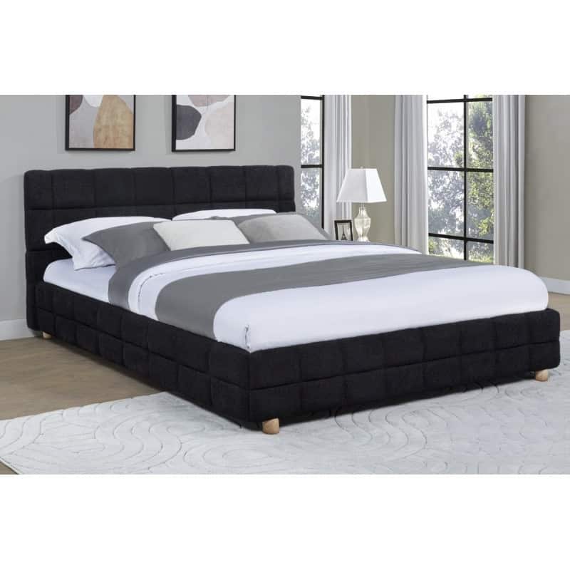 Queen Size Platform Bed with Fleece Upholstery and Grid-Patterned Headboard, Low Profile Modern Bed Frame in Black