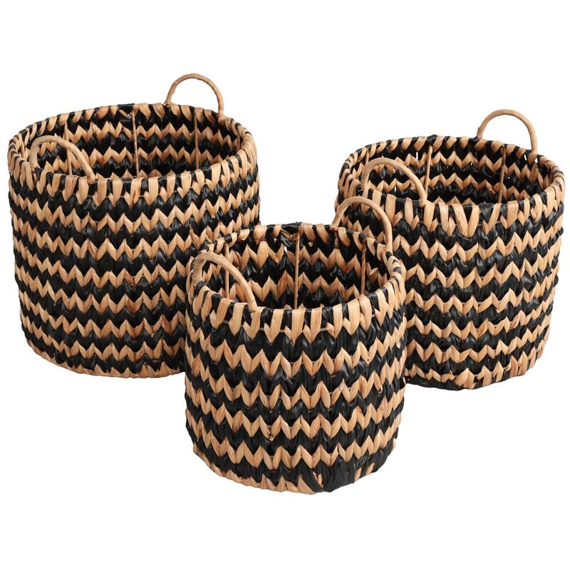 Coastal Handwoven Two-Tone Water Hyacinth Nesting Storage Baskets, Handles (Set of 3) - Black Natural