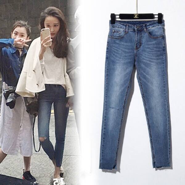 Shop Korean Female Casual Jeans High Waist Elasticity Feet Knee