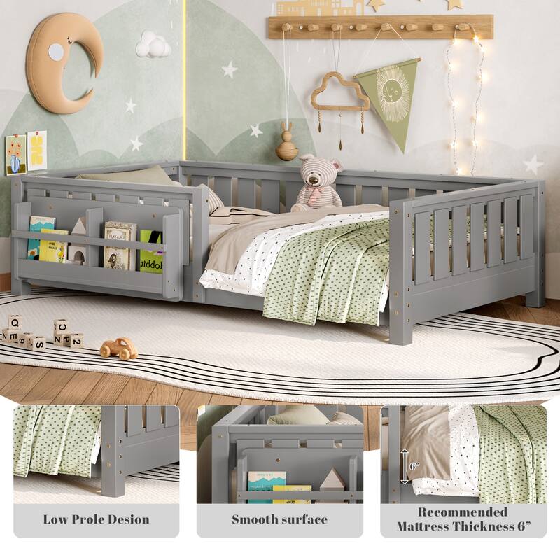 Montessori Floor Bed Low Profile Kids Bed with Rails & Bookshelf