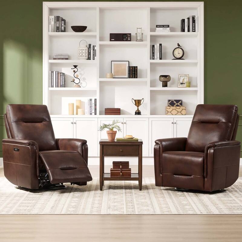 Spruce & Spring Genuine Leather Swivel Glider Recliner with Adjustable Headrest