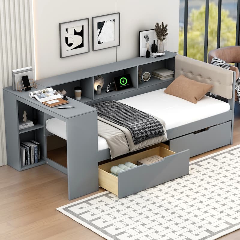 Twin Size Platform Bed with Storage Shelves, Drawers, Charging Station and Upholstered Headboard, Gray - Gray