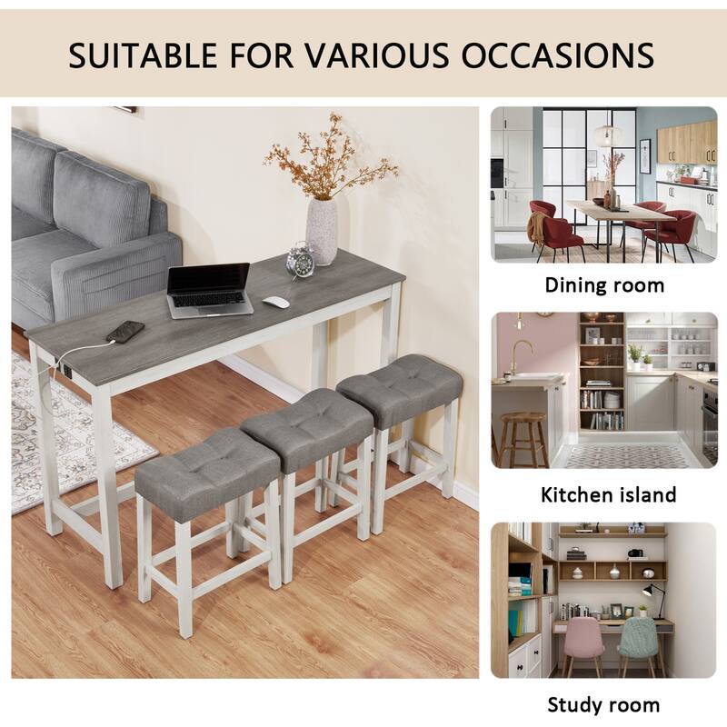 4 Piece Farmhouse Bar, Table Set with Power Outlet, Dining Table Set w/3 Upholstered Stools, Wood Console Table Set for Kitchen