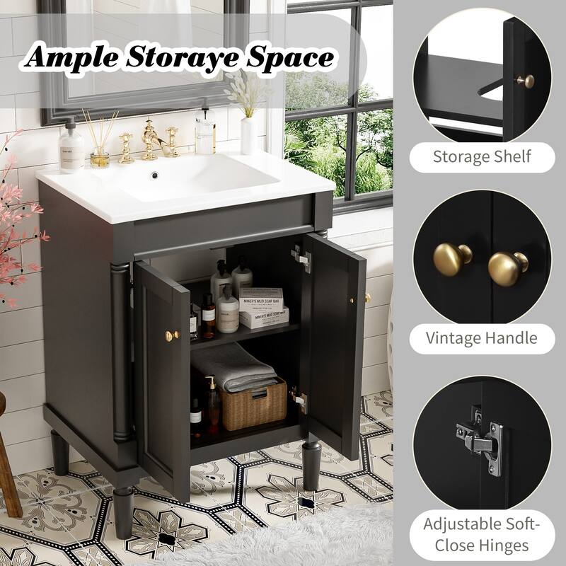 24 Inch Bathroom Vanity with Ceramic Top Sink, Freestanding Single Sink Vanity with Storage Shelves, Modern Style