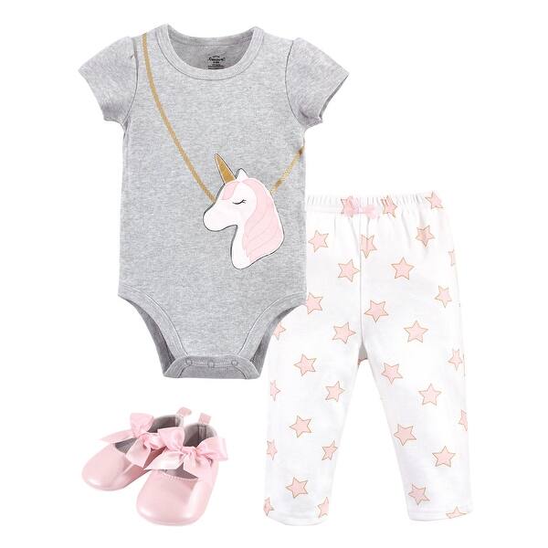 slide 1 of 1, Little Treasure Baby Girl Cotton Bodysuit, Pant and Shoe 3pc Set, Unicorn Purse 0-3 Months - Unicorn Purse