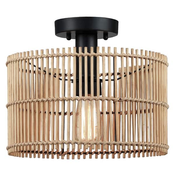 slide 9 of 11, True Fine Eclectic Natural Rattan and Bamboo Semi Flush Mount Ceiling Light with Black Hardware - 11.8"W 11.8"W