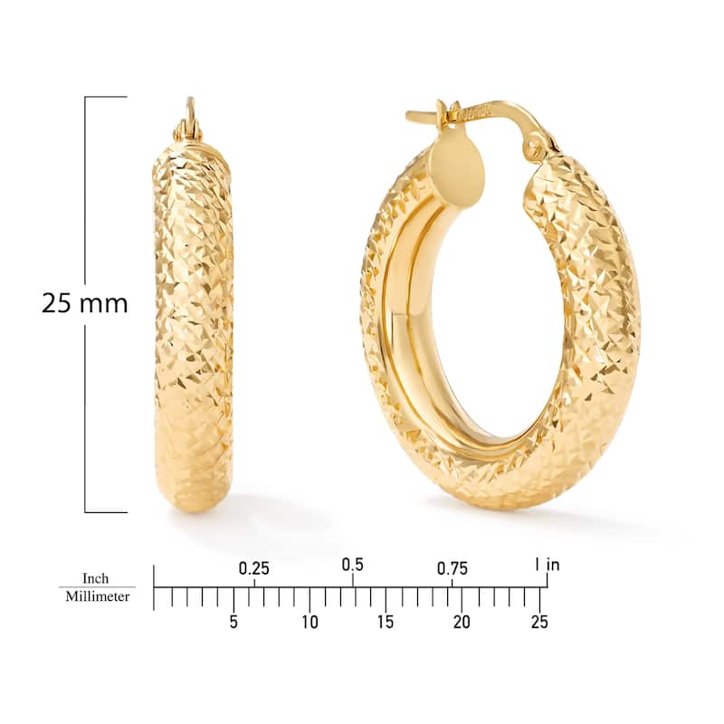 Clover 14K Yellow Gold Diamond-Cut Round Hoop Earrings 3mm (25 &30mm)