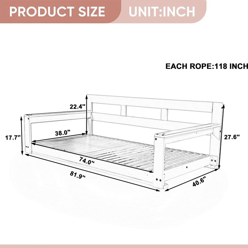 Rustic Elegance Acacia Wood Swing Bed, Farmhouse Daybed with 4 Stylish Colors & 350lb Capacity