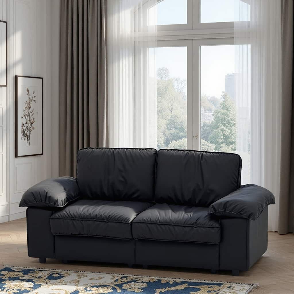 Leather Compact Sofa Couch with Hidden Storage, Minimalist 2-Seater Loveseat Sofa Couch with Pillow Armrests
